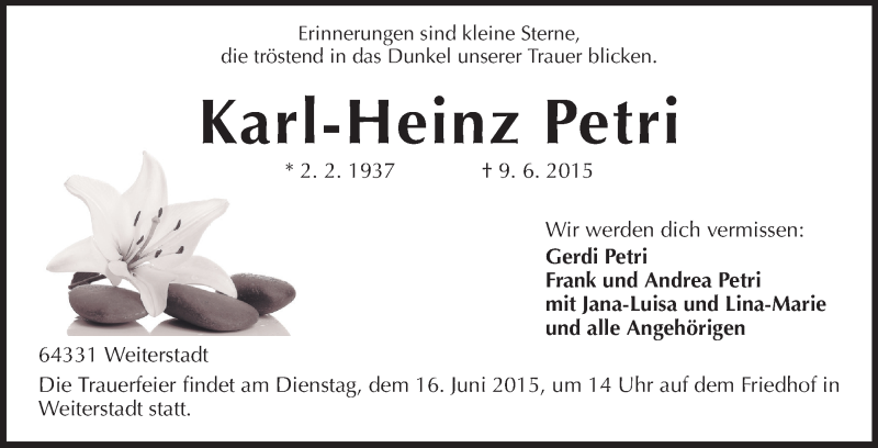  Traueranzeige für Karl-Heinz Petri vom 13.06.2015 aus Echo-Zeitungen (Gesamtausgabe)