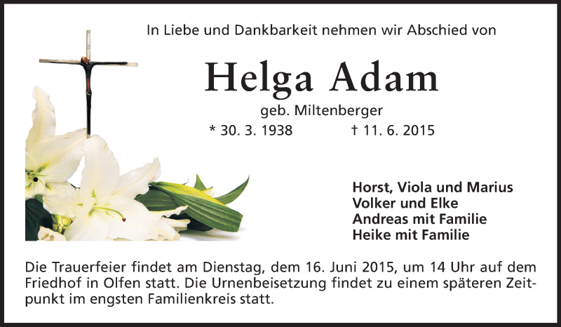  Traueranzeige für Helga Adam vom 13.06.2015 aus Odenwälder Echo
