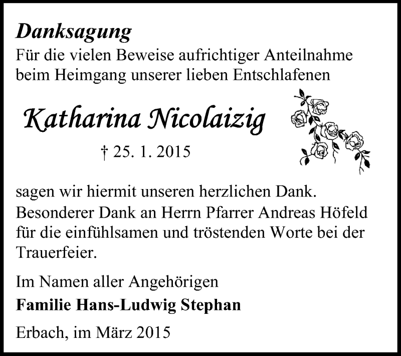  Traueranzeige für Katharina Nicolaizig vom 21.03.2015 aus Odenwälder Echo