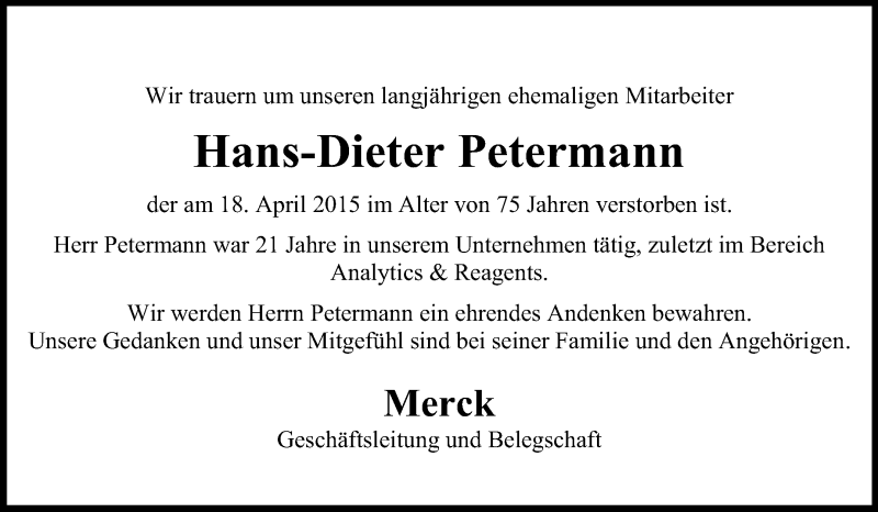  Traueranzeige für Hans-Dieter Petermann vom 15.05.2015 aus Echo-Zeitungen (Gesamtausgabe)