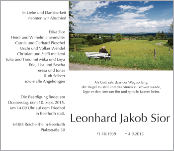 Traueranzeige von Leonhard Jakob Sior von trauer.echo-online.de