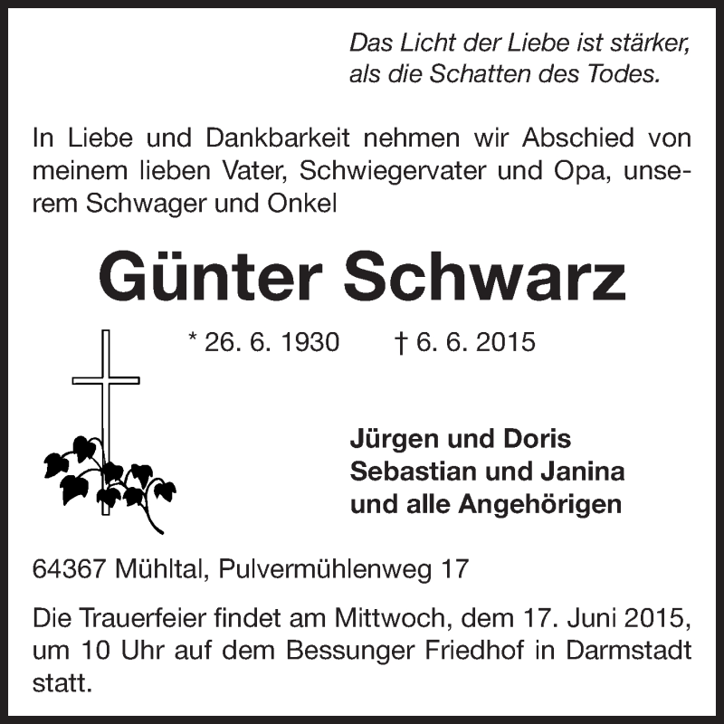  Traueranzeige für Günter Schwarz vom 10.06.2015 aus Echo-Zeitungen (Gesamtausgabe)