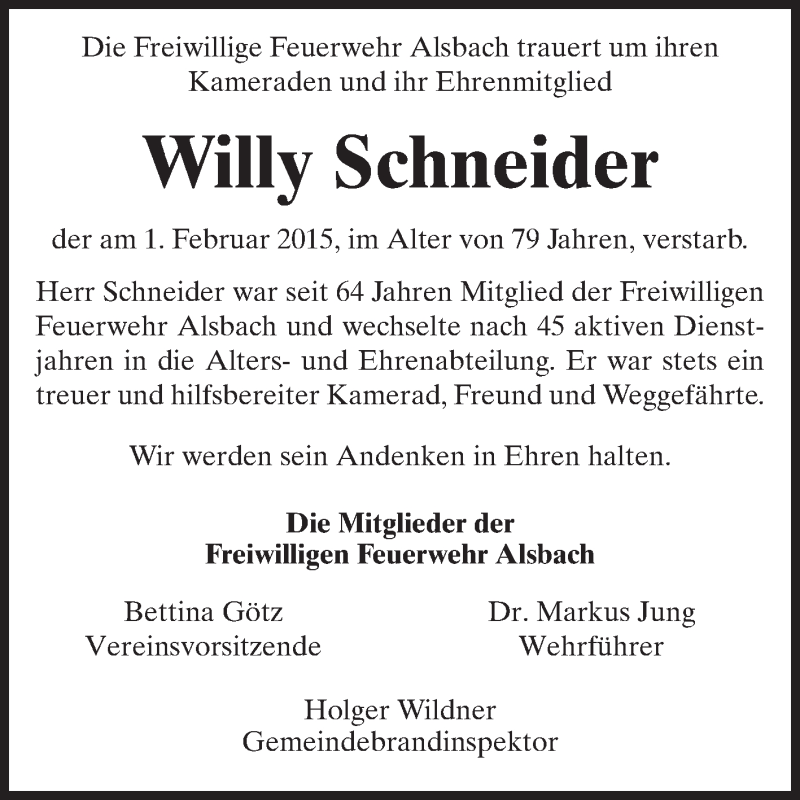  Traueranzeige für Willy Schneider vom 07.02.2015 aus Echo-Zeitungen (Gesamtausgabe)