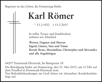 Traueranzeige von Karl Römer von Echo-Zeitungen (Gesamtausgabe)