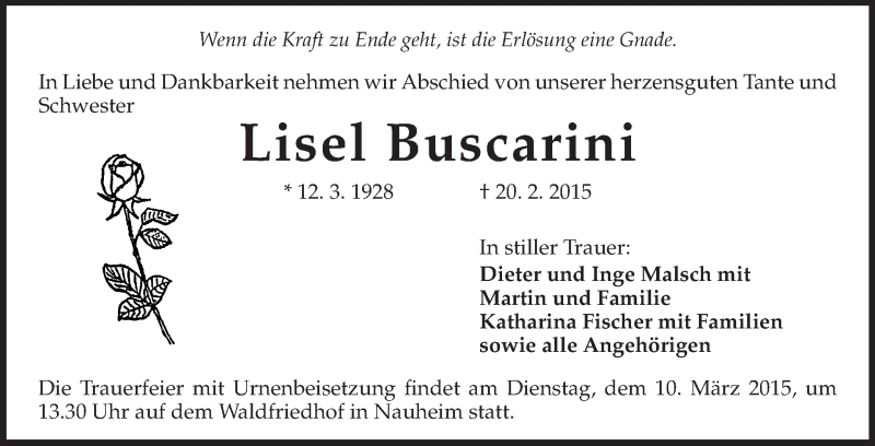  Traueranzeige für Lisel Buscarini vom 07.03.2015 aus Rüsselsheimer Echo, Groß-Gerauer-Echo, Ried Echo