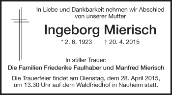 Traueranzeige von Ingeborg Mierisch von Rüsselsheimer Echo, Groß-Gerauer-Echo, Ried Echo