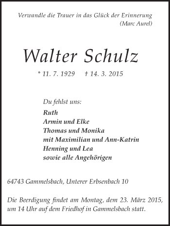 Traueranzeige von Walter Schulz von Odenwälder Echo