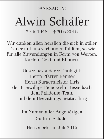 Traueranzeige von Alwin Schäfer von Odenwälder Echo