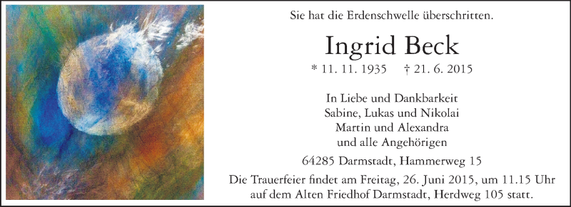  Traueranzeige für Ingrid Beck vom 24.06.2015 aus Echo-Zeitungen (Gesamtausgabe)