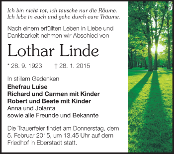 Traueranzeige von Lothar Linde von Echo-Zeitungen (Gesamtausgabe)