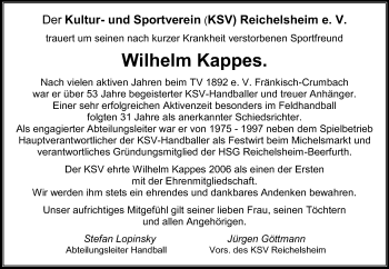 Traueranzeige von Wilhelm Kappes von Odenwälder Echo