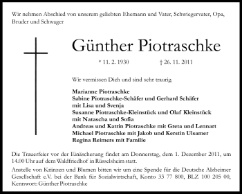 Traueranzeige von Günther Piotraschke von Rüsselsheimer Echo, Groß-Gerauer-Echo, Ried Echo