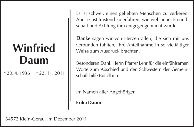  Traueranzeige für Winfried Daum vom 10.12.2011 aus Rüsselsheimer Echo, Groß-Gerauer-Echo, Ried Echo