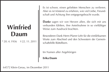 Traueranzeige von Winfried Daum von Rüsselsheimer Echo, Groß-Gerauer-Echo, Ried Echo