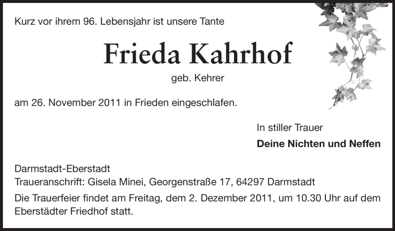  Traueranzeige für Frieda Kahrhof vom 30.11.2011 aus Echo-Zeitungen (Gesamtausgabe)