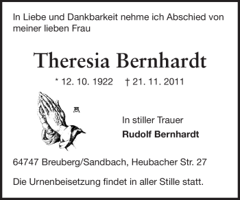 Traueranzeige von Theresia Bernhardt von Odenwälder Echo