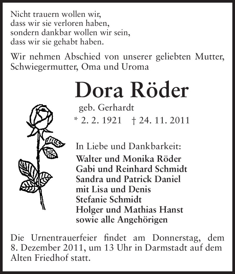  Traueranzeige für Dora Röder vom 03.12.2011 aus Echo-Zeitungen (Gesamtausgabe)
