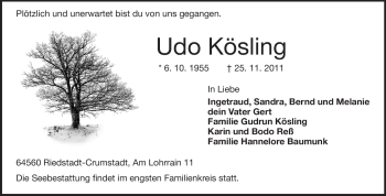 Traueranzeige von Udo Kösling von Rüsselsheimer Echo, Groß-Gerauer-Echo, Ried Echo