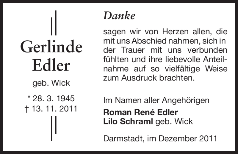  Traueranzeige für Gerlinde Edler vom 03.12.2011 aus Echo-Zeitungen (Gesamtausgabe)