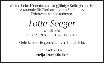 Traueranzeige von Lotte Seeger von Darmstädter Echo, Odenwälder Echo, Rüsselsheimer Echo, Groß-Gerauer-Echo, Ried Echo