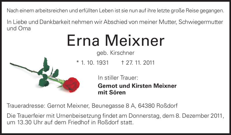  Traueranzeige für Erna Meixner vom 05.12.2011 aus Echo-Zeitungen (Gesamtausgabe)