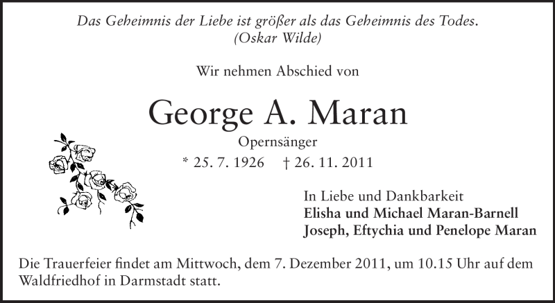  Traueranzeige für George A. Maran vom 03.12.2011 aus Echo-Zeitungen (Gesamtausgabe)