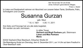 Traueranzeige von Susanna Gurzan von Echo-Zeitungen (Gesamtausgabe)