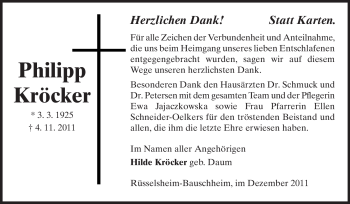 Traueranzeige von Philipp Kröcker von Rüsselsheimer Echo, Groß-Gerauer-Echo, Ried Echo