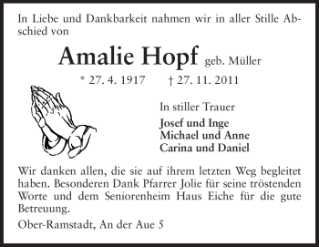 Traueranzeige von Amalie Hopf von Darmstädter Echo, Odenwälder Echo, Rüsselsheimer Echo, Groß-Gerauer-Echo, Ried Echo