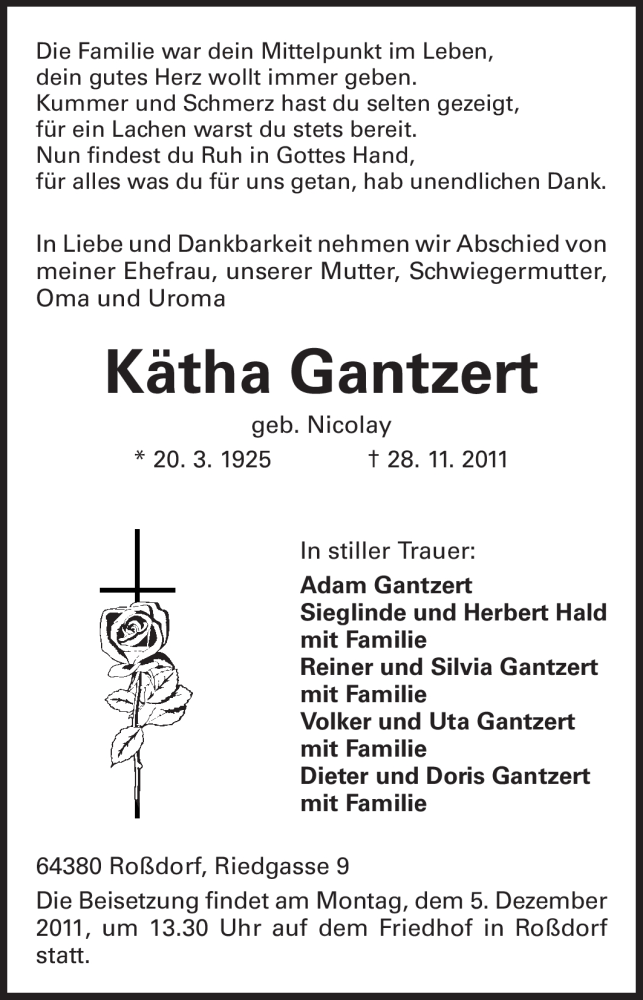  Traueranzeige für Kätha Gantzert vom 03.12.2011 aus Echo-Zeitungen (Gesamtausgabe)