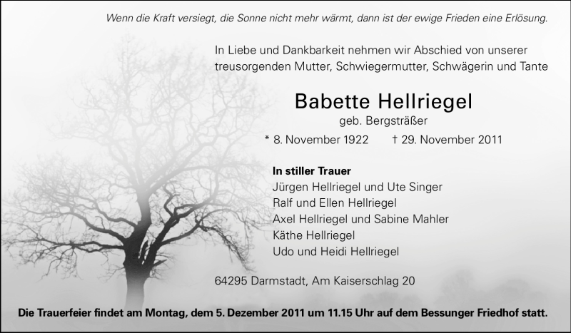  Traueranzeige für Babette Hellriegel vom 02.12.2011 aus Echo-Zeitungen (Gesamtausgabe)