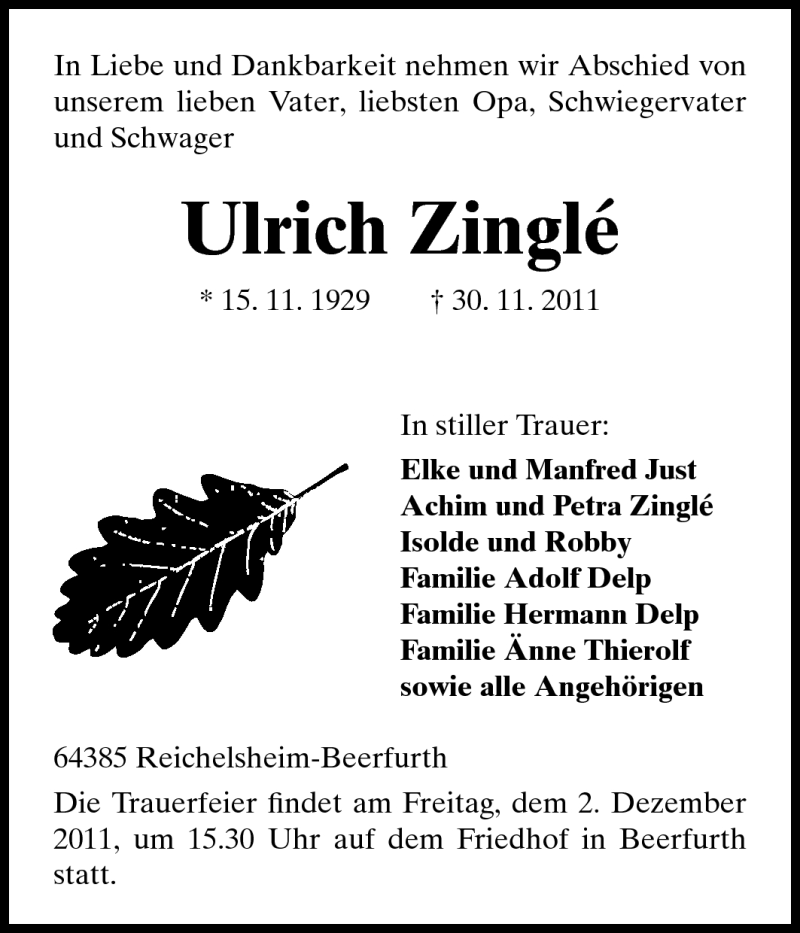  Traueranzeige für Ulrich Zinglé vom 01.12.2011 aus Odenwälder Echo
