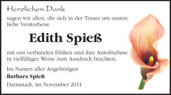 Traueranzeige von Edith Spieß von Darmstädter Echo, Odenwälder Echo, Rüsselsheimer Echo, Groß-Gerauer-Echo, Ried Echo