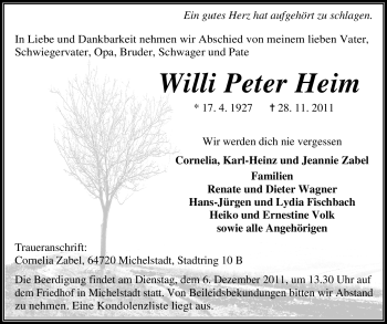 Traueranzeige von Willi Peter Heim von Odenwälder Echo