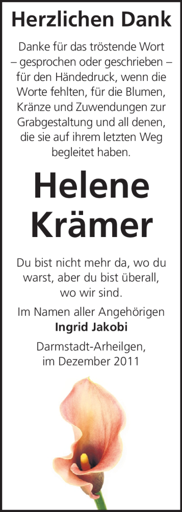  Traueranzeige für Helene Krämer vom 03.12.2011 aus Echo-Zeitungen (Gesamtausgabe)