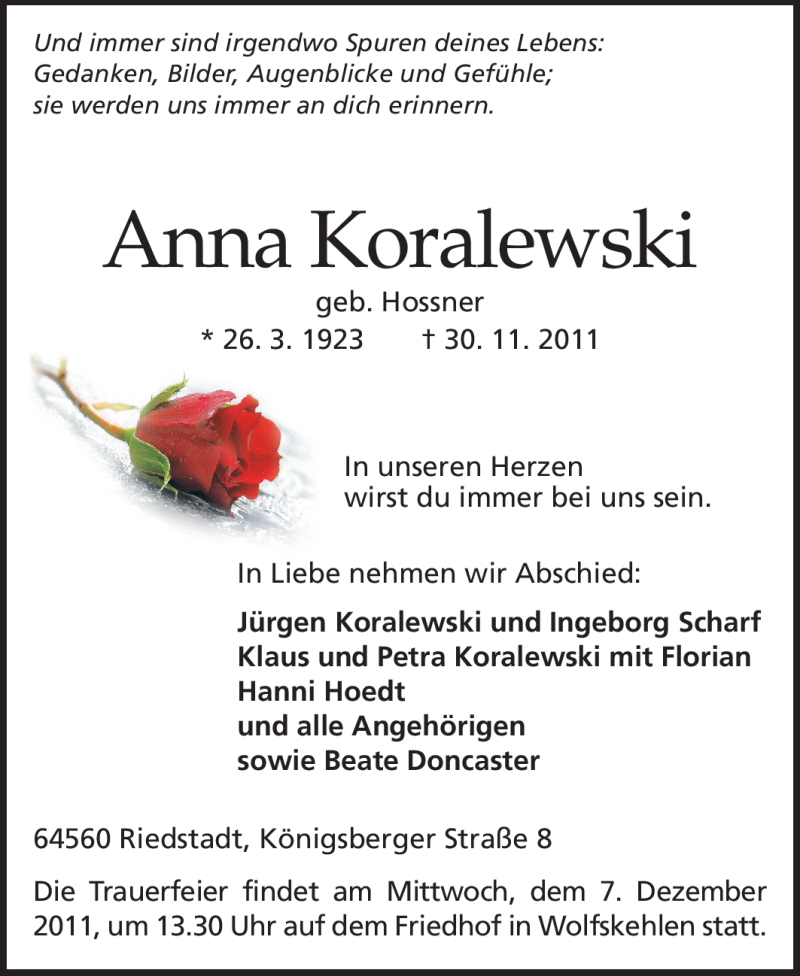  Traueranzeige für Anna Koralewski vom 03.12.2011 aus Rüsselsheimer Echo, Groß-Gerauer-Echo, Ried Echo