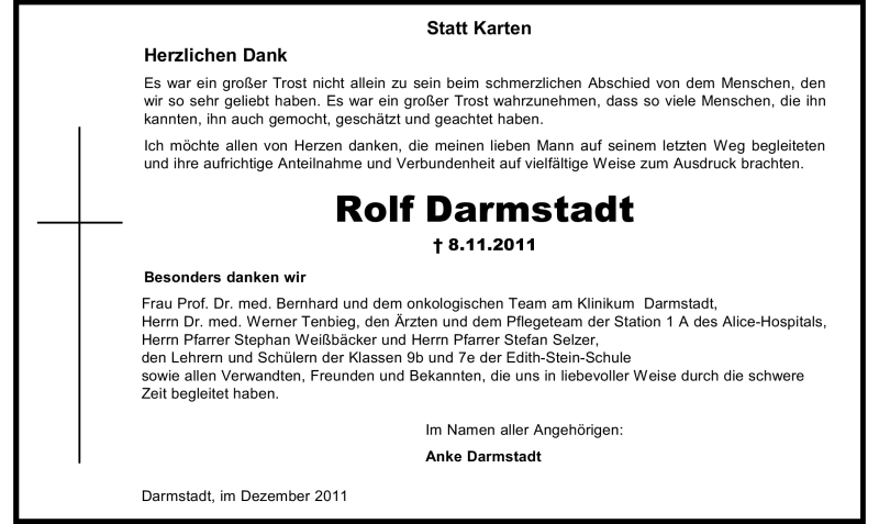  Traueranzeige für Rolf Darmstadt vom 03.12.2011 aus Echo-Zeitungen (Gesamtausgabe)