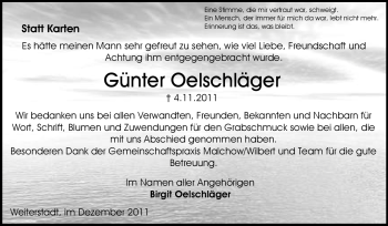 Traueranzeige von Günter Oelschläger von Echo-Zeitungen (Gesamtausgabe)