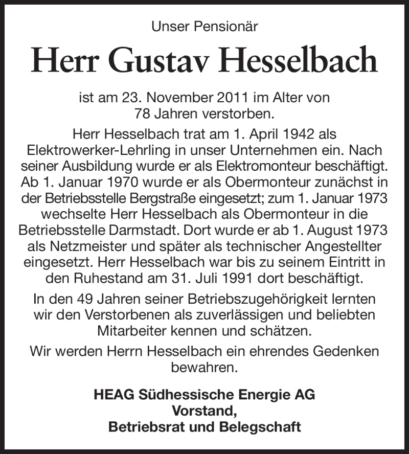  Traueranzeige für Gustav Hesselbach vom 03.12.2011 aus Darmstädter Echo, Odenwälder Echo, Rüsselsheimer Echo, Groß-Gerauer-Echo, Ried Echo