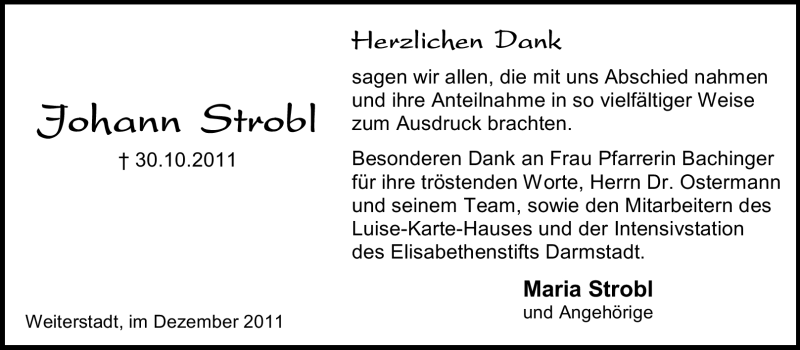  Traueranzeige für Johann Strobl vom 03.12.2011 aus Echo-Zeitungen (Gesamtausgabe)