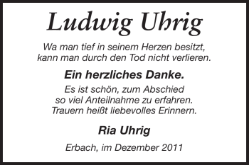 Traueranzeige von Ludwig Uhrig von Odenwälder Echo