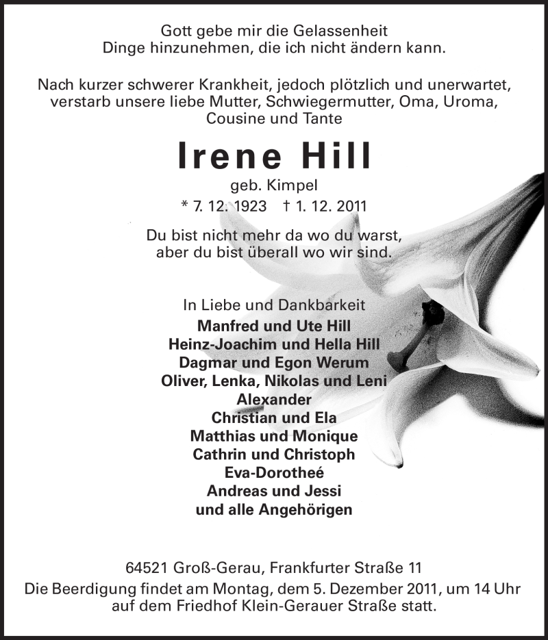  Traueranzeige für Irene Hill vom 03.12.2011 aus Rüsselsheimer Echo, Groß-Gerauer-Echo, Ried Echo