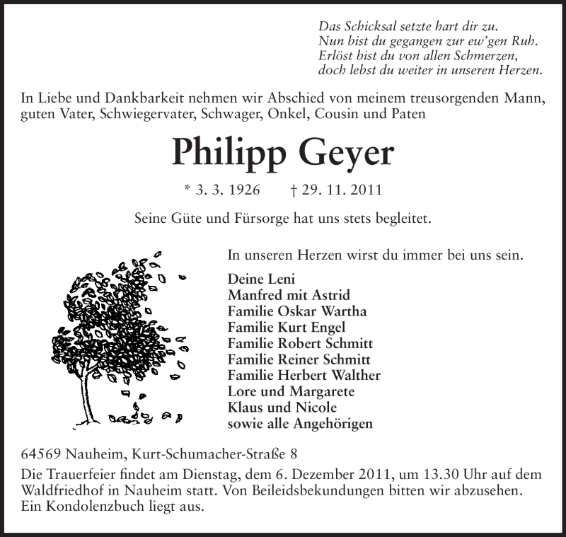  Traueranzeige für Philipp Geyer vom 03.12.2011 aus Rüsselsheimer Echo, Groß-Gerauer-Echo, Ried Echo