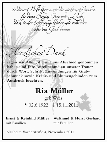 Traueranzeige von Maria Müller  von Rüsselsheimer Echo, Groß-Gerauer-Echo, Ried Echo