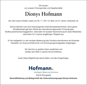 Traueranzeige von Dionys Hofmann von Echo-Zeitungen (Gesamtausgabe)