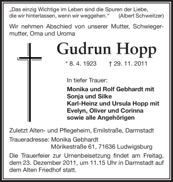 Traueranzeige von Gudrun Hopp von Echo-Zeitungen (Gesamtausgabe)