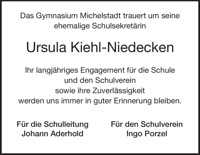  Traueranzeige für Ursula Kiehl-Niedecken vom 03.12.2011 aus Odenwälder Echo