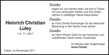 Traueranzeige von Heinrich Christian Luley von Rüsselsheimer Echo, Groß-Gerauer-Echo, Ried Echo