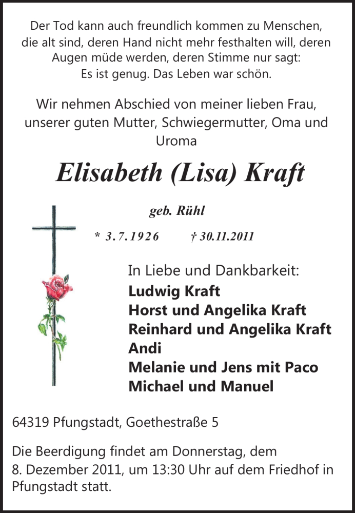  Traueranzeige für Elisabeth Kraft vom 03.12.2011 aus Echo-Zeitungen (Gesamtausgabe)
