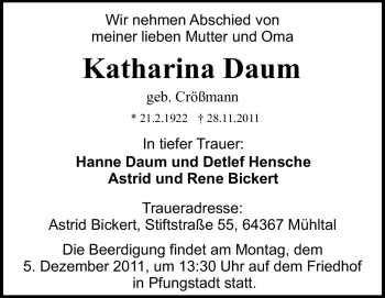 Traueranzeige von Katharina Daum von Echo-Zeitungen (Gesamtausgabe)